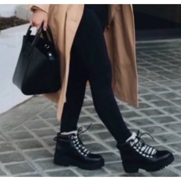 Marc Fisher LTD Nairy Hiking Combat Black Leather Shearling Thick Lug Boots Sz 8 - Picture 3 of 11